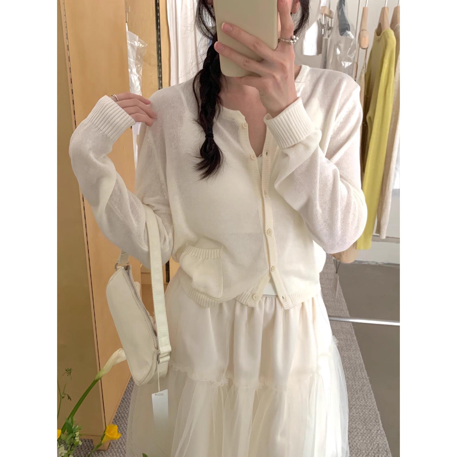 

Тонкий вязаный кардиган с круглым вырезом, женский, весенний, новый, в корейском стиле, свободный, солнцезащитная блузка-жакет, короткий топ one size бежевый