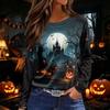 Women's Long Sleeve Round Neck Top with Halloween Print and Side Split Hem