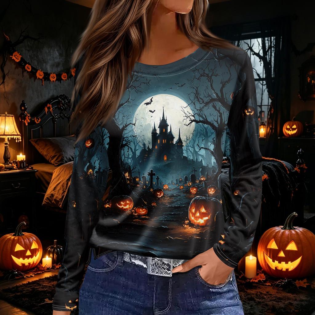 Women's Long Sleeve Round Neck Top with Halloween Print and Side Split Hem