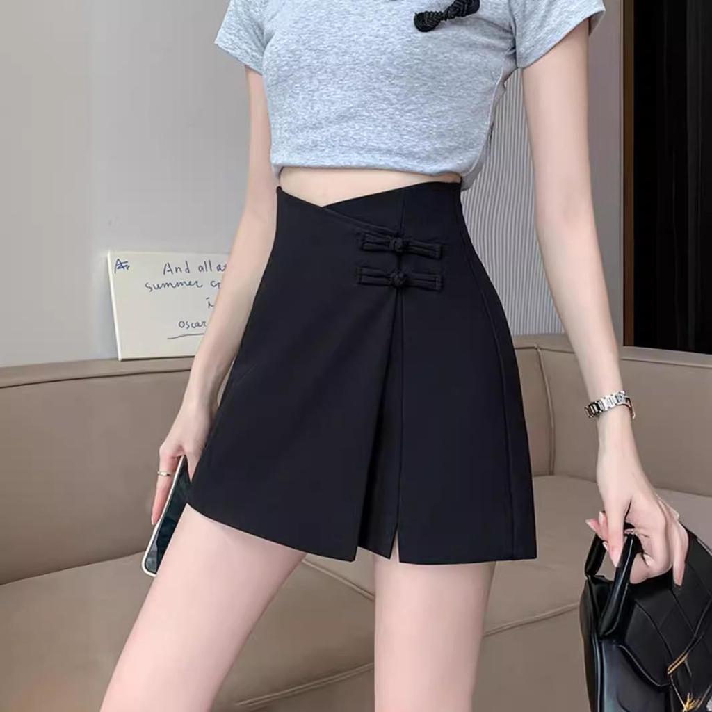 Midi sukně s vysokým pasem v čínském stylu s nepravidelným žabím zapínáním a rozparkem - Dámské letní zeštíhlující A-liniové sukně-kalhoty