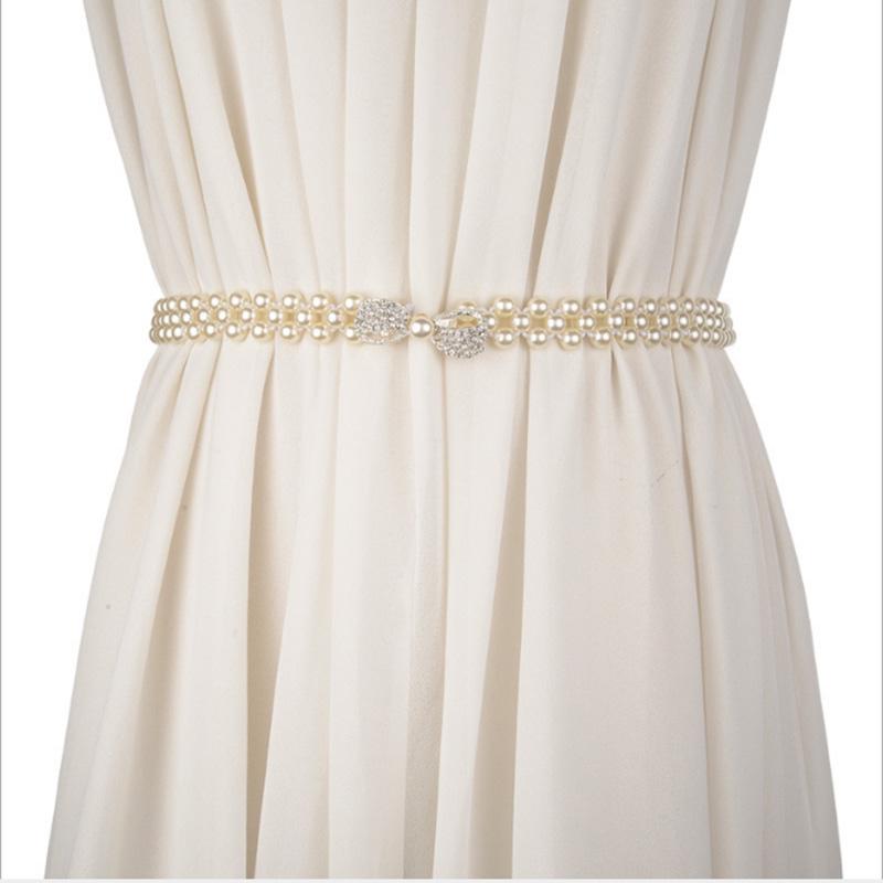 Women Ladies Pearls Beads Chain Belt Stretchy Flower Buckle Waistband