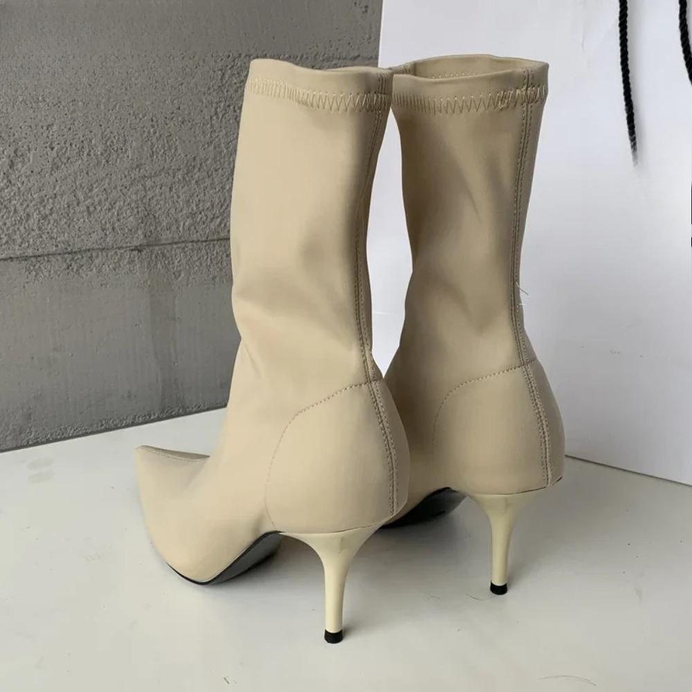 Stivali alla caviglia da donna in tessuto elasticizzato Autunno Primavera Punta appuntita sexy Tacco alto Moda Calzini da donna Scarpe con tacco a spillo