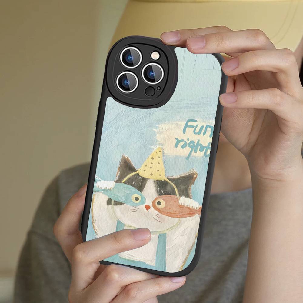 A Cute Comic Cat Phone Case For IPhone 16 15 14 13 12 11 Pro Max Plus Leather Cover