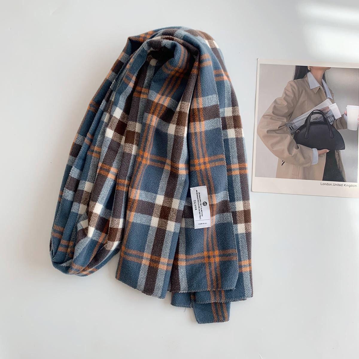 

Элегантный клетчатый шарф с бахромой, стильная толстая теплая шаль, зимний унисекс, ветрозащитный шарф синий