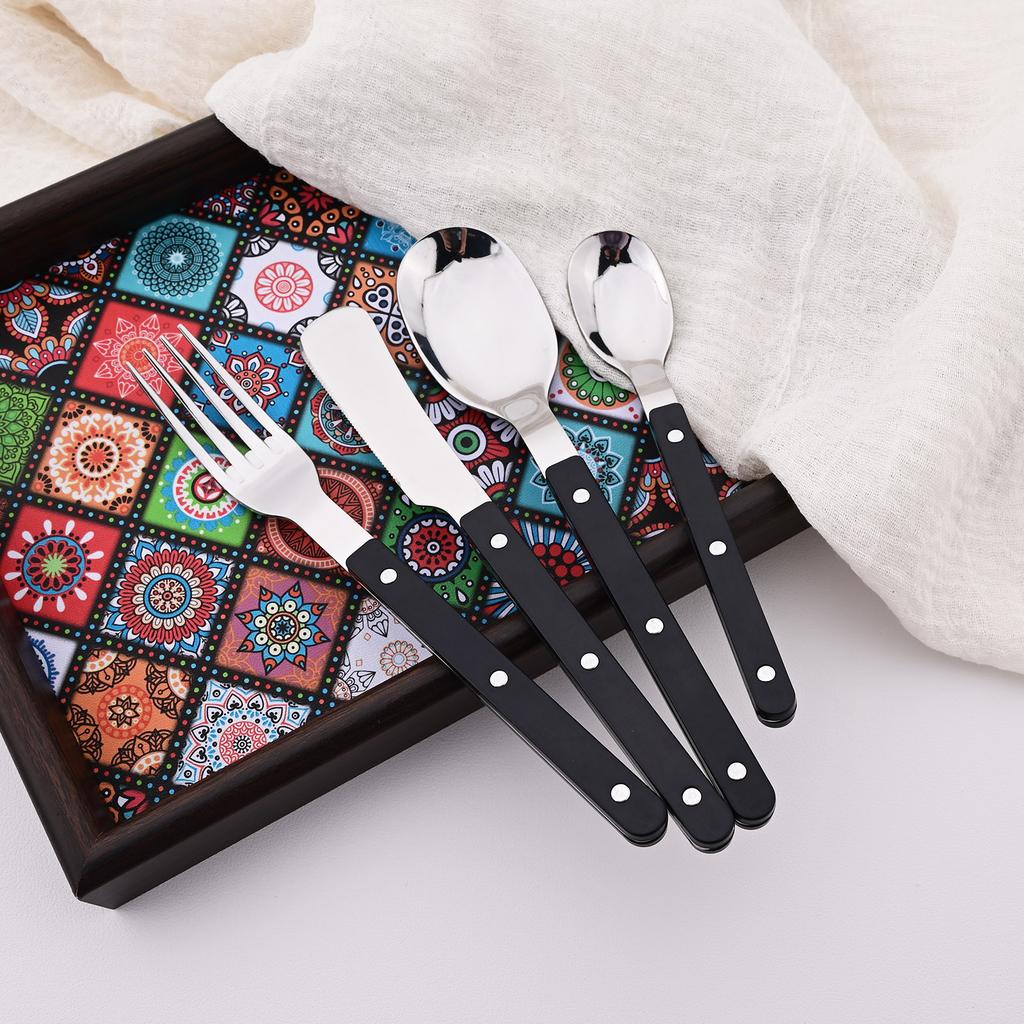 16 Pieces Color Handle Flatware Eating Utensils, Stainless Steel Tableware Rivet ABS Handle Design, Knives Forks Spoons for Home, Service for 4