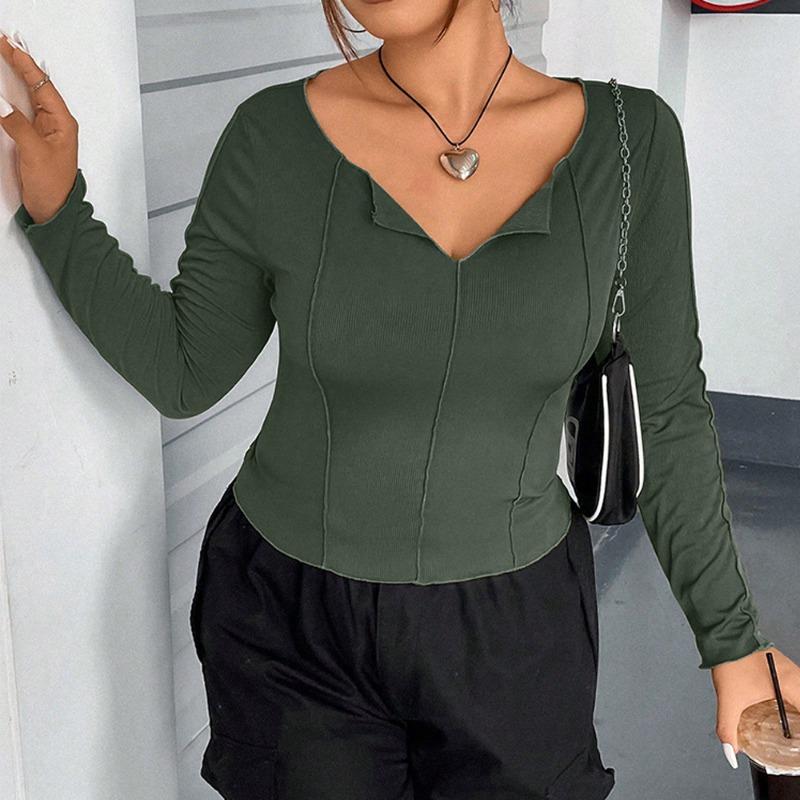 Plus Size Women Long Sleeve V Neck Cropped Slim Fit Base Layer T Shirt Top
