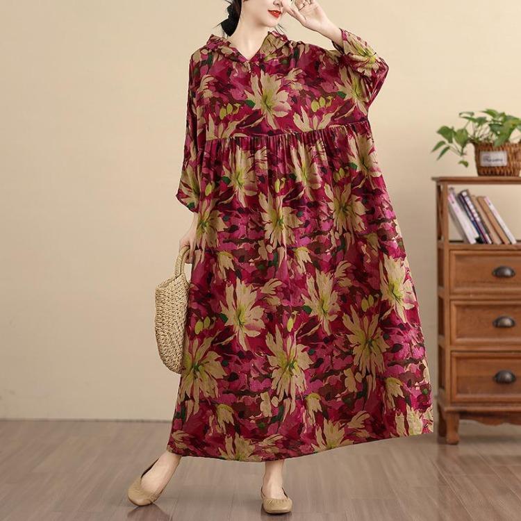 Nuovo Abito Maxi Floreale Vintage Donna Taglie Forti Oversize Ampio Con Cappuccio Manica Lunga Primavera Estate Abito Lungo Basic