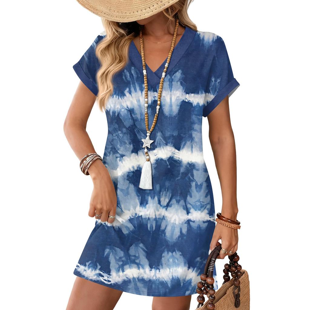 Women's Fashion Print V-Neck Short Sleeve Pocket Casual Pullover Dress
