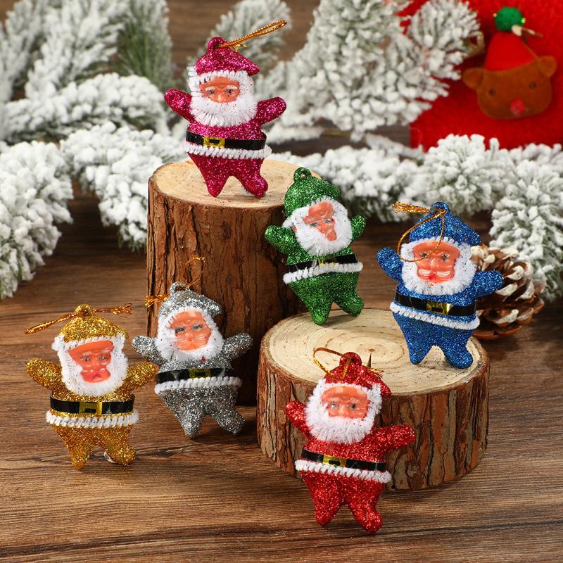 6Pcs Simulation Santa Pendant Mini Santa Claus Diy Colorful Doll Glittering Hanging Christmas Tree Ornament New Year Party Decor