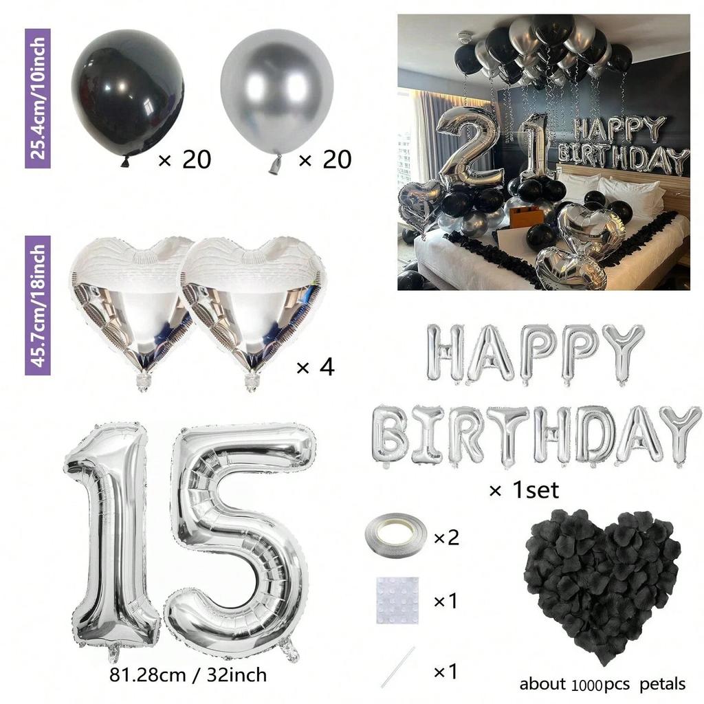 Black Silver Party Birthday Banner Heart-Shaped Aluminum Foil Balloon Rose Petals, Birthday, Anniversary, Atmosphere Decoration