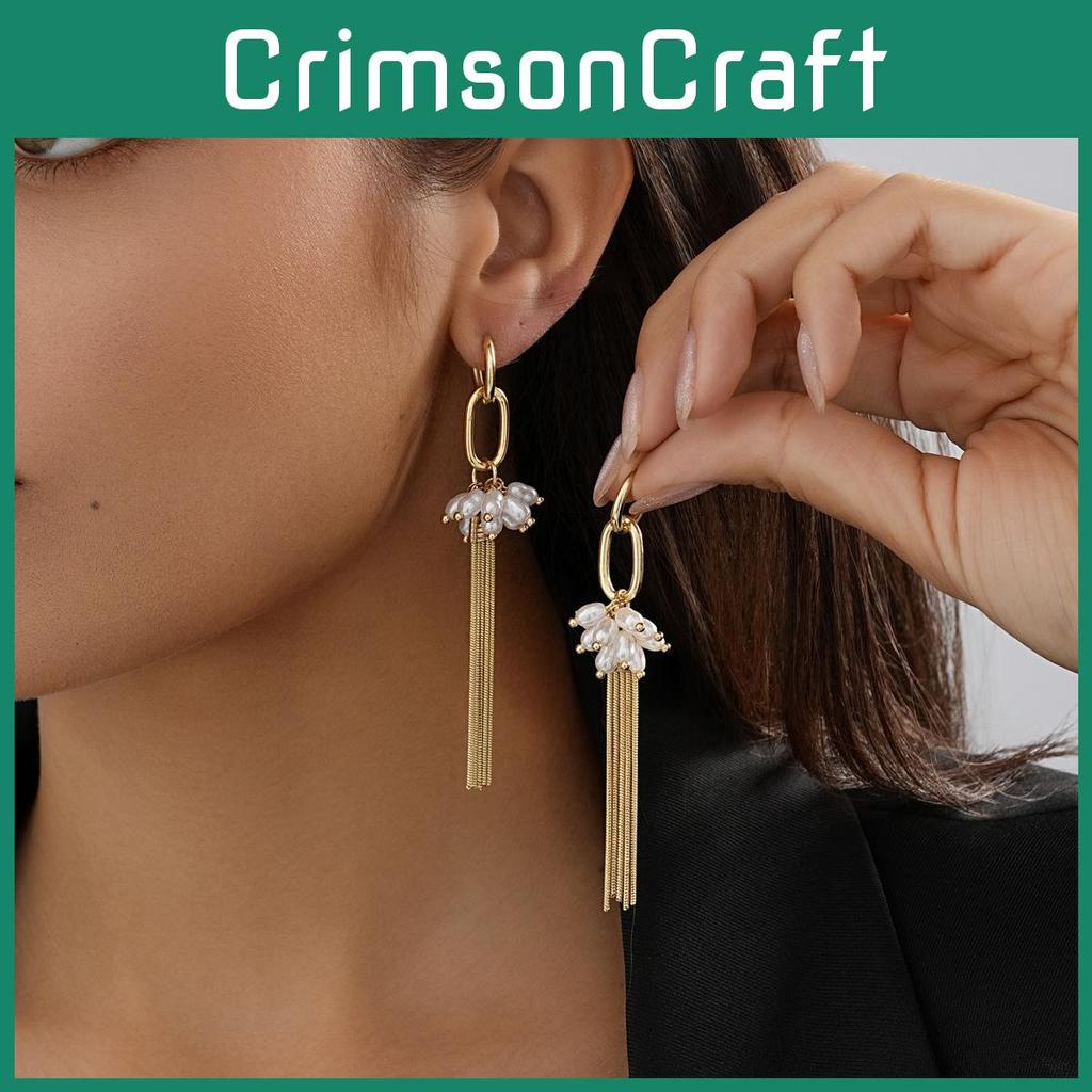 Elegant Long Tassel Pendant Earrings For Women With Faux Pearl Geometric Design