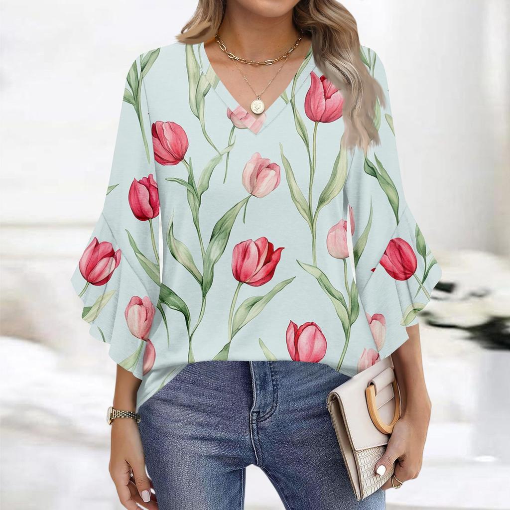 Blouses For Women Dressy Casual 3/4 Length Sleeve Womens Tops V Neck Tshirts Shirts With Flared Sleeve
