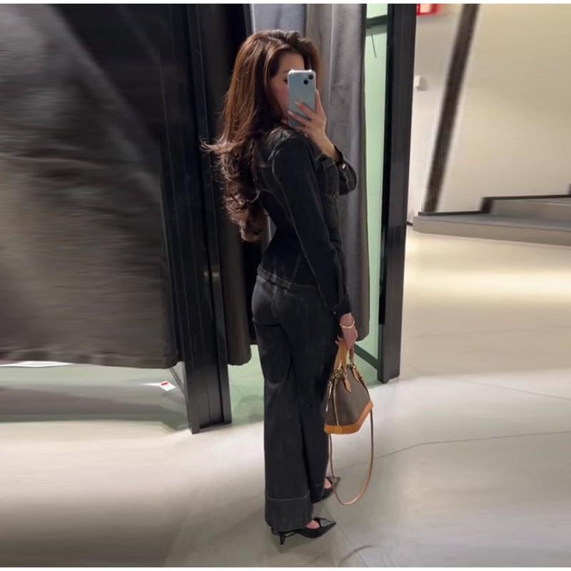 Elegant Denim Solid Color Top Pants Set Women Lapel Single Breasted Pockets Jacket Straight Loose Jeans 2025 Spring Street Fashion Set