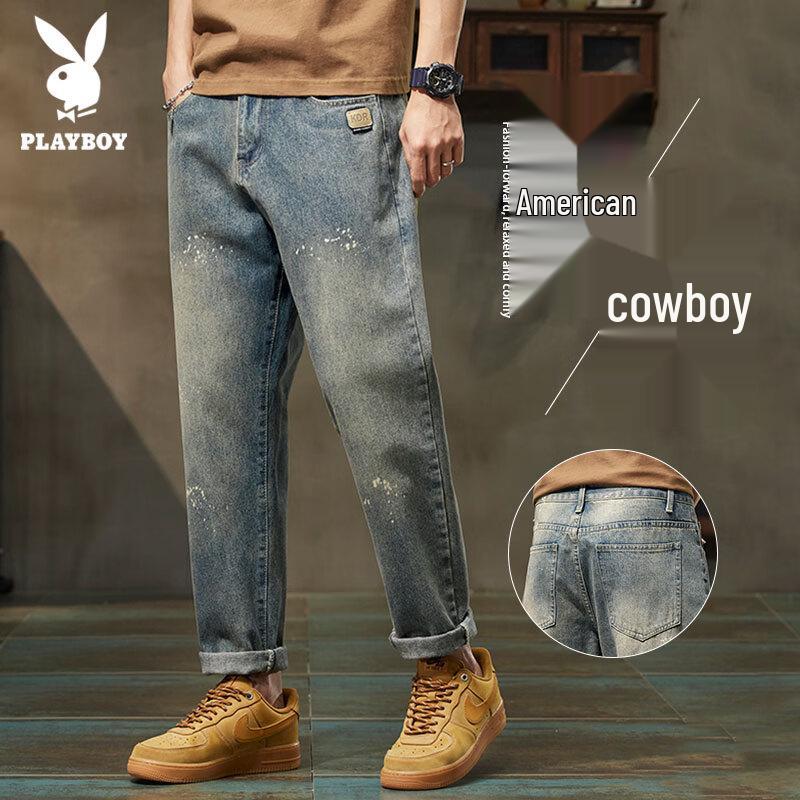 PLAYBOY Men s Retro Blue Splatter Paint Washed Street Jeans 28