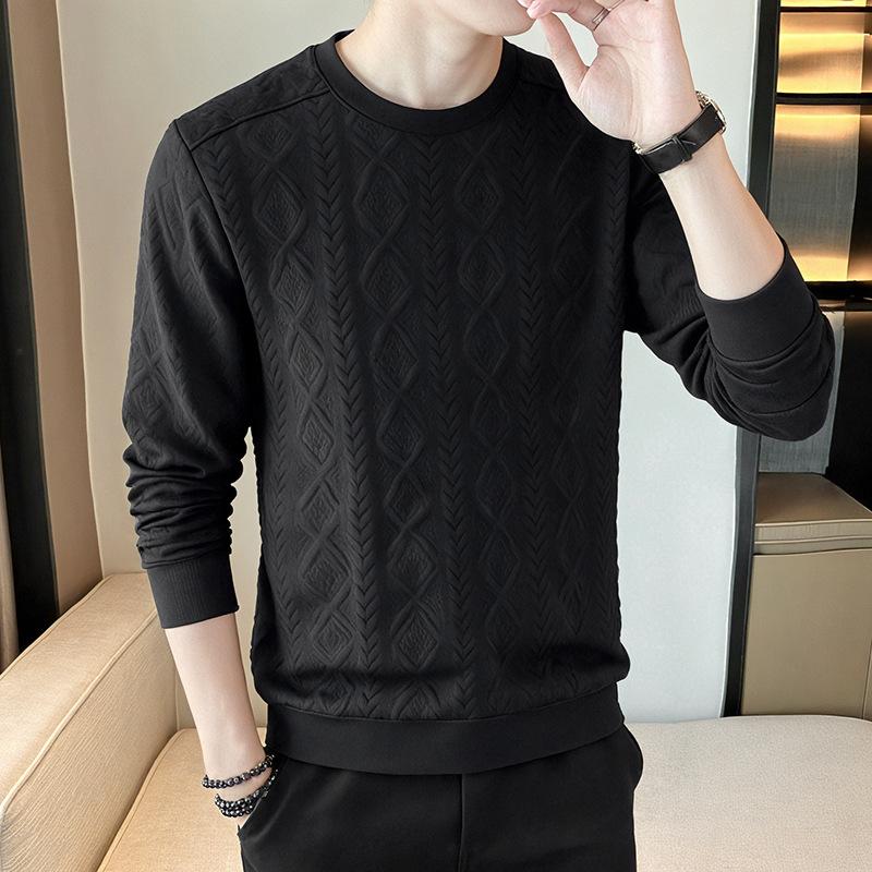 New Autumn and Winter Men's Hatless Sweatshirt Round Neck Pullover Jacquard Versatile Knitted Top Loose Long-sleeved Base Shirt Men