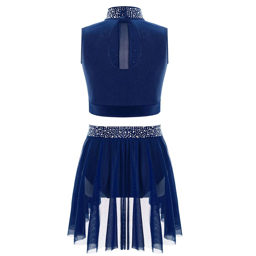 Dívčí taneční vystoupení outfit falešný rolák bez rukávů klíčová dírka na zádech lesklé kamínky crop top sukně