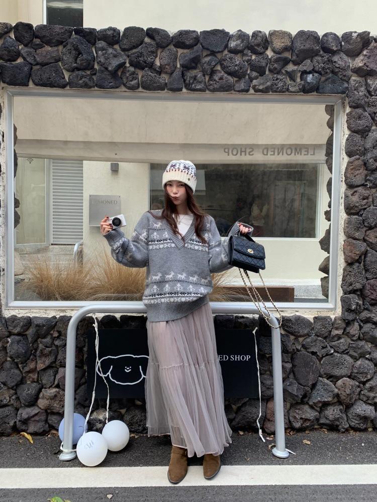 In-Stock Korean Style Retro Grey-Pink Multi-Layer Gauze Skirt