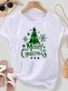 (Asian Size) Merry Christmas New Year Women's Top T Tee Festival O-neck Plaid Tree Style Clothing Print Fashion Ladies Graphic T-shirts