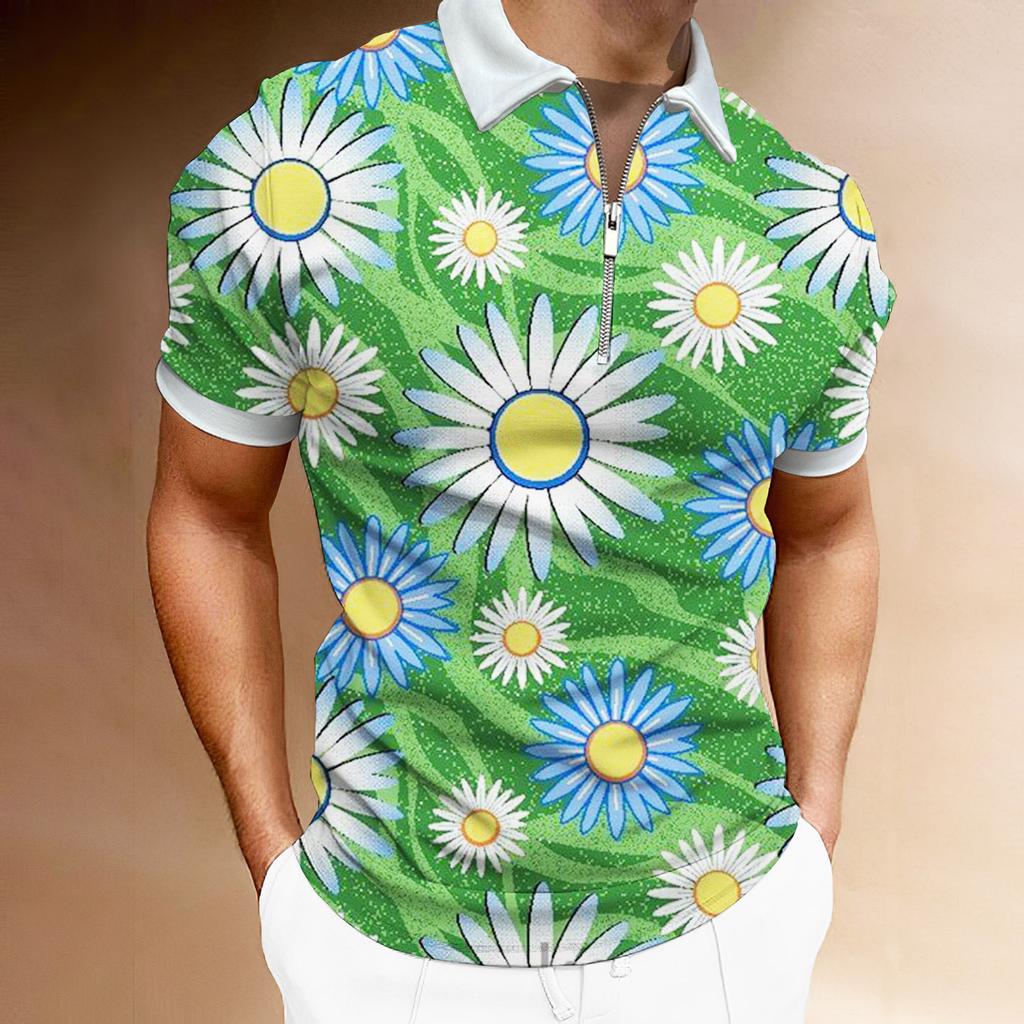 Daisy Print Short Sleeve Zip-up Polo, Casual Summer Wear