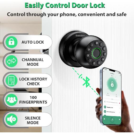 Smart Door Knob Fingerprint Lock 4-in-1 Keyless Entry (Fingerprint/App/Code/Key) Biometric Door with Auto-Lock Easy Install for Home/Bedroom/Office