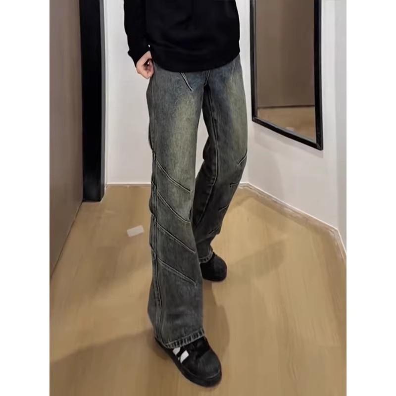 American vibe retro blue jeans men's high street old micro-pull pants trendy brand pleated tooling straight trousers