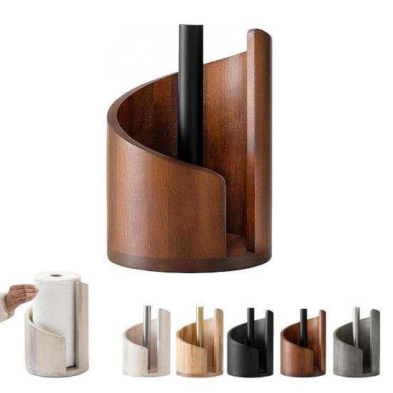 Mountain Paper Towel Holder Countertop with Wood Round Base And Iron Holder One-Hand Tearing Wood Paper Towel Holder for Kitchen Dining Room