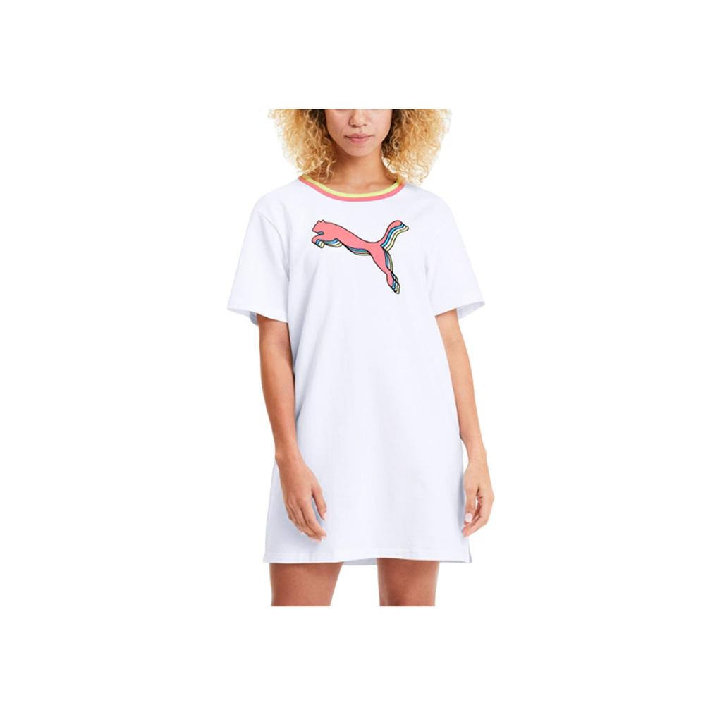 Puma Celebration Color Block Logo Printed Short Sleeve Dress Women Dresses White 585049-02