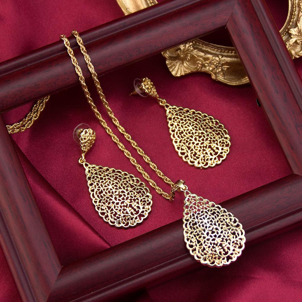 Sunspicems Gold Arabian Women Jewelry Set Hollow Teardrop Earrings Pendant Necklace Moroccan Bridal Bijoux Beach Jewel