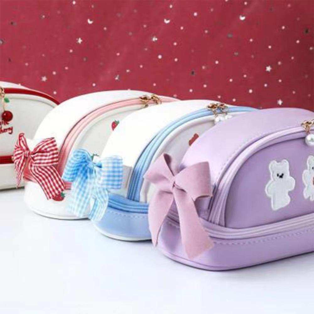 Bear Pencil Case Smile Cherry Double Layer Pen Pouch Cartoon Cute Pencil Bag  Girl