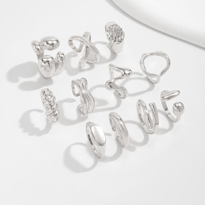 1Set Irregular Glossy Metal Open Rings For Women Vintage Punk Gold Silver Color Personality Finger Ring Female Jewelry