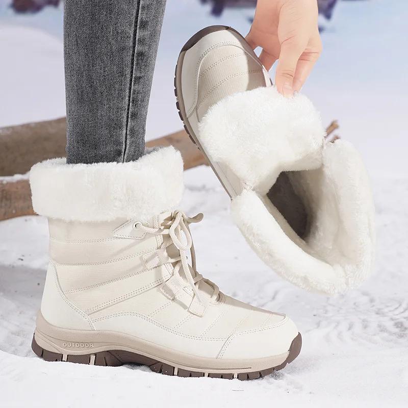 Thickened Plush Winter Outdoor Mountain Boots Women's Mid-Calf Snow Boots Warm Wear-Resistant Rubber Outsole Korean Zapatillas
