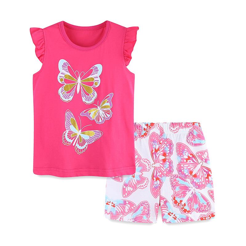European Girls Butterfly Print Short Sleeve T-shirt & Shorts Set - Summer Toddler Two-Piece Outfit 7 Years (125 cm)