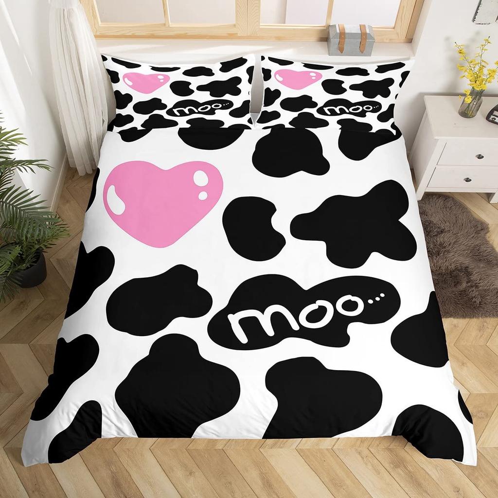Cow Print Bedding Set King Size Kids Black White Duvet Cover Set Cartoon Milk Cow Comforter Cover Animal Farmhouse Quilt Cover