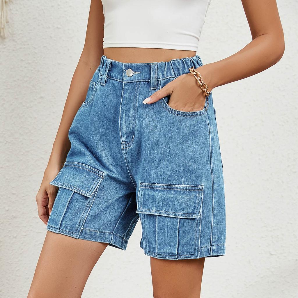 Women's Fashion Wash Elastic Waist Cargo Casual Denim