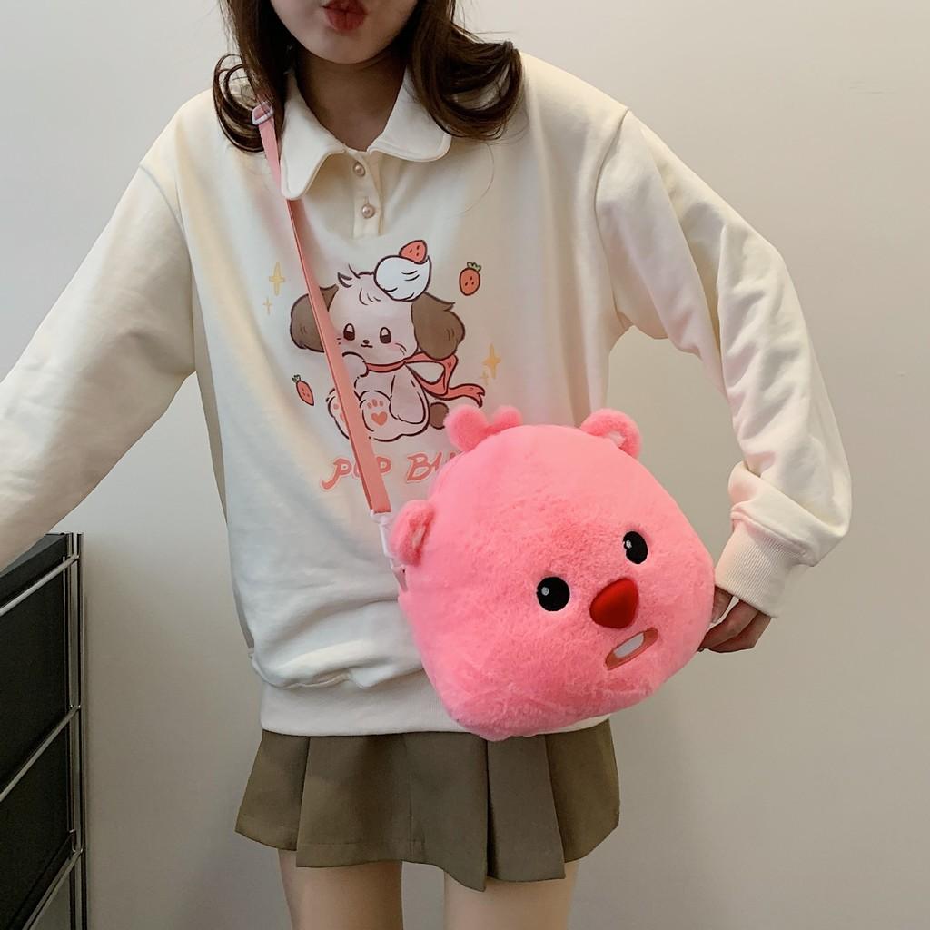 Loopy Hello Kitty Stitch Cartoon Plush Soft Round Bag With Zipper Closure For Daily Use