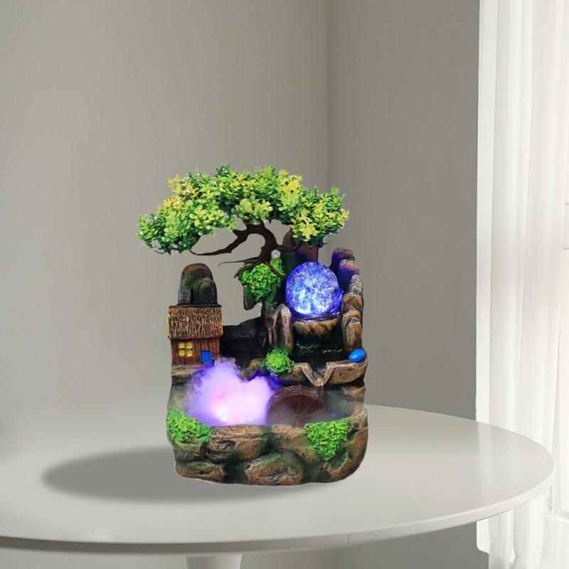 Indoor Resins Rockery Waterfall Fountains with Atomizer and LED Lighting Great for Home and Office Desktop Decoration