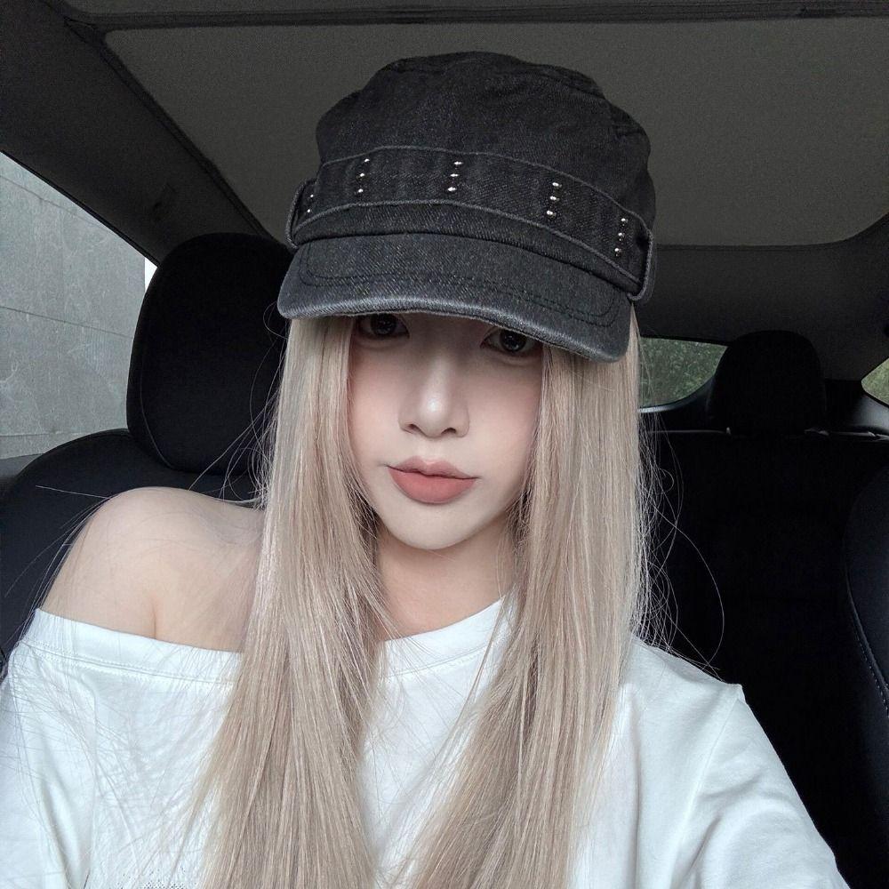Washed Denim Flat Top Hat Y2k Cadet Cap Casual Peaked Cap  Outdoor