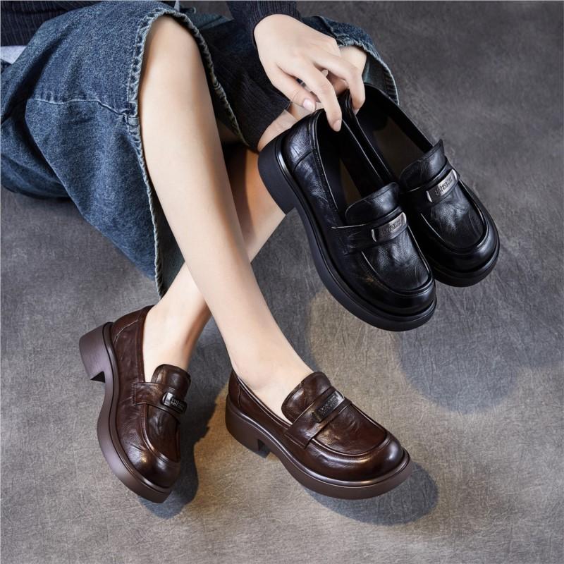 Johnature Genuine Leather Women's Shoes Soft Soled Loafers British Style Thick Soled Slip-on Shoes