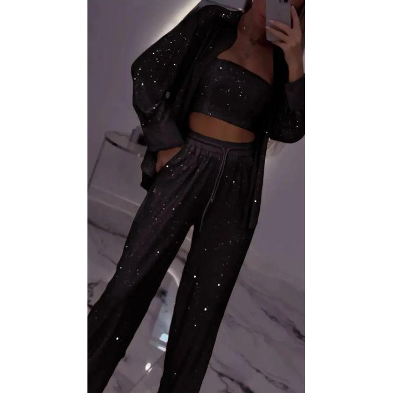 

2025 European and American Loose Casual Sequins Blazers Tube Top Wide Leg Pants Three-Piece Set Women Loose Suit Black L