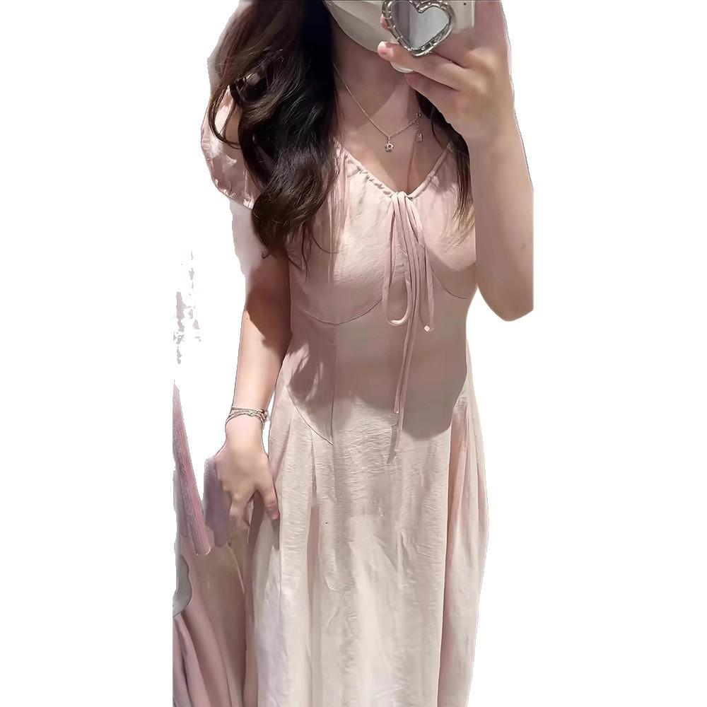 Holiday Style Pink Bow Strap Short-sleeved Dress Women's Summer Gentle Wind Temperament Waist A-word Skirt Long Dress