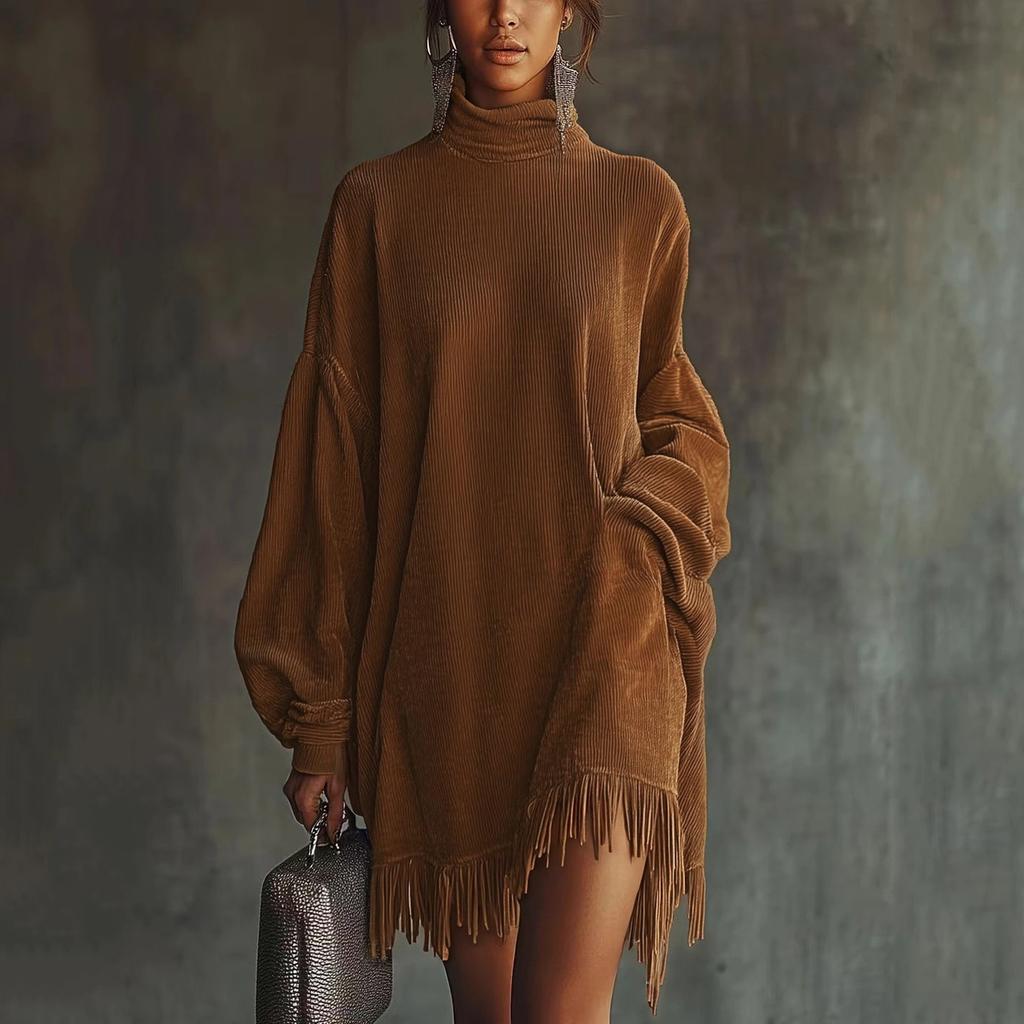 Women's Turtleneck Fringe Minied Dress, Ribbed Corduroy Dress, Casual Loose Color Pocket Dress