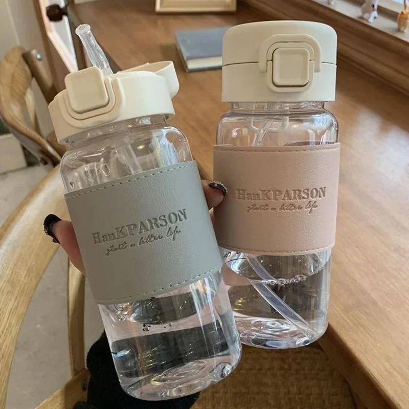 500ml Portable Water Bottle with Straw Creative Cute Leak-proof Plastic Drinking Bottle Milk Coffee Tea Juice Cup Drinkware Milk