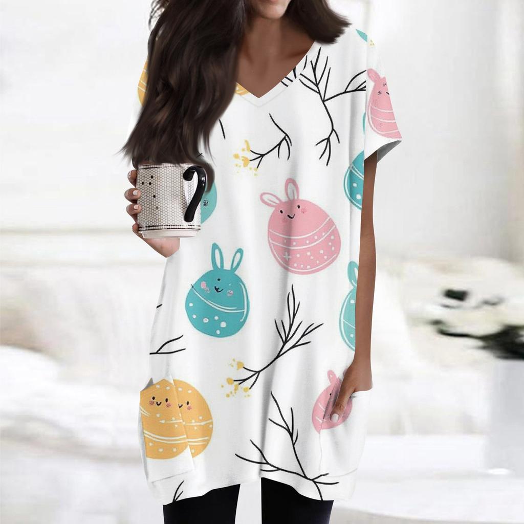 Womens Tops V-neck Short Sleeve Blouses Casual Mid-length Shirts Fashion Print Tunic Tops With Pockets