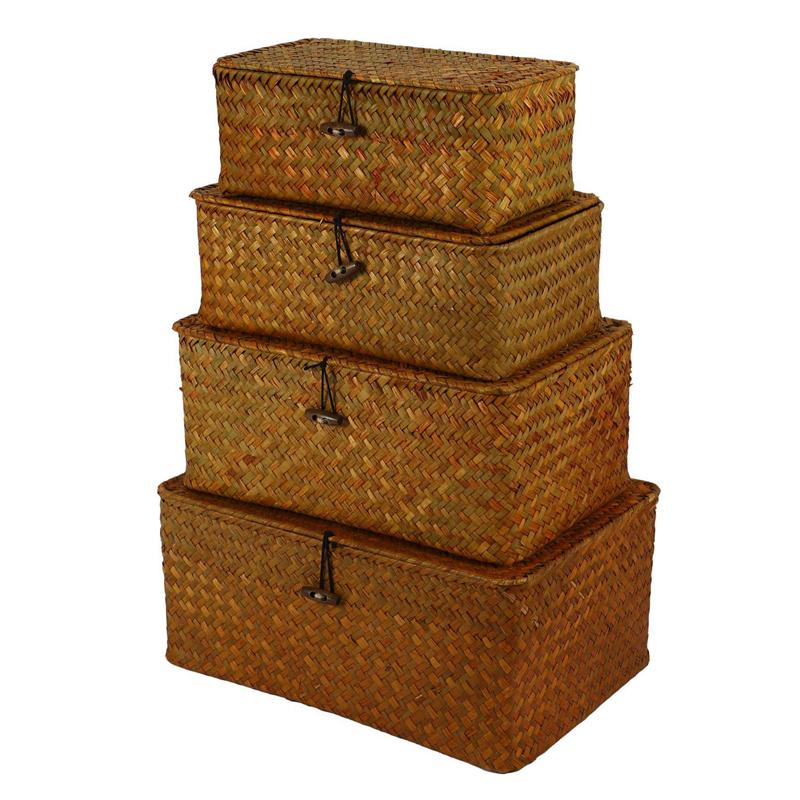 

For B23B Seagrass Storage Baskets With Lids, Woven Rectangular Basket Bins, Wicker Storage Organizer For Shelf, Set Of 8