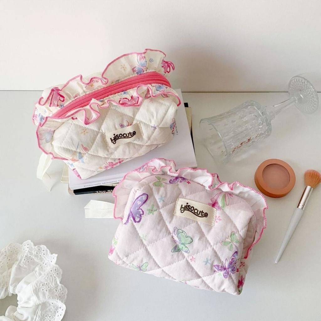 Lace Butterfly Print Toiletry Storage Bag Large Capacity Lace Pen Bag Sweet Storage Bags  Women