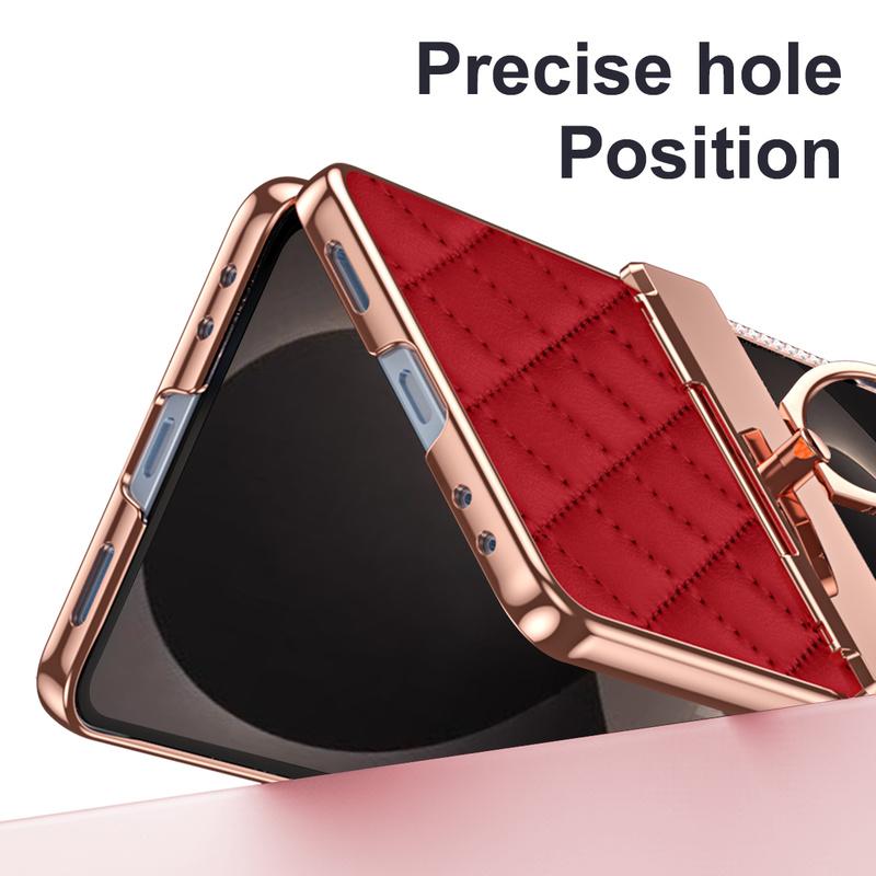 Luxury Diamond PU Leather Phone Case for Samsung Z Flip 8 7 6 5 4 Flip6 Flip7 Flip8 Ring Holder Hinge Protective Cover Women
