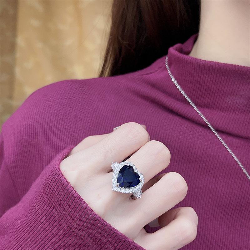 Deep Sea Blue Zircon & Diamond Gemstone Heart Jewelry Set: Necklace, Ring & Earrings for Women - Best Friend Gift