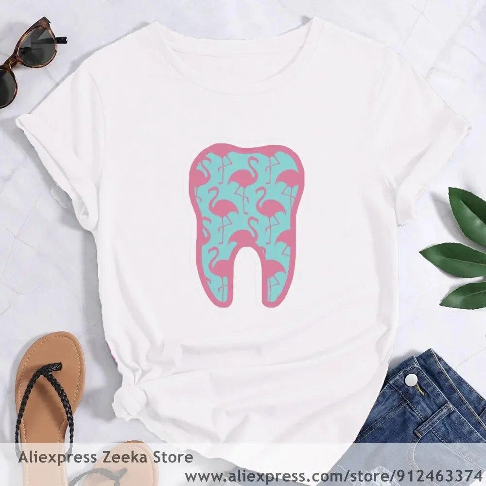 Zahn und Zahnarzt Grafik Ästhetik Frauen Lustige Print Damen T-shirt Mädchen Y2K Harajuku Basis O-kragen Weißes Hemd Kurze