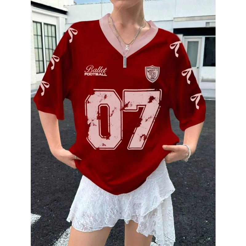 Latest Women's No.07 Letters Printed V-Neck Short Sleeve Summer Soccer Jersey Loose Casual Sports Women's Pajamas T-Shirt Y2k