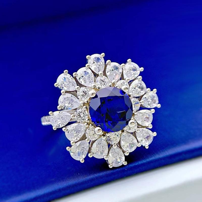 Luo Xi Temple Jewelry 925 Silver Blue Sapphire 8mm Women's Luxury Ring